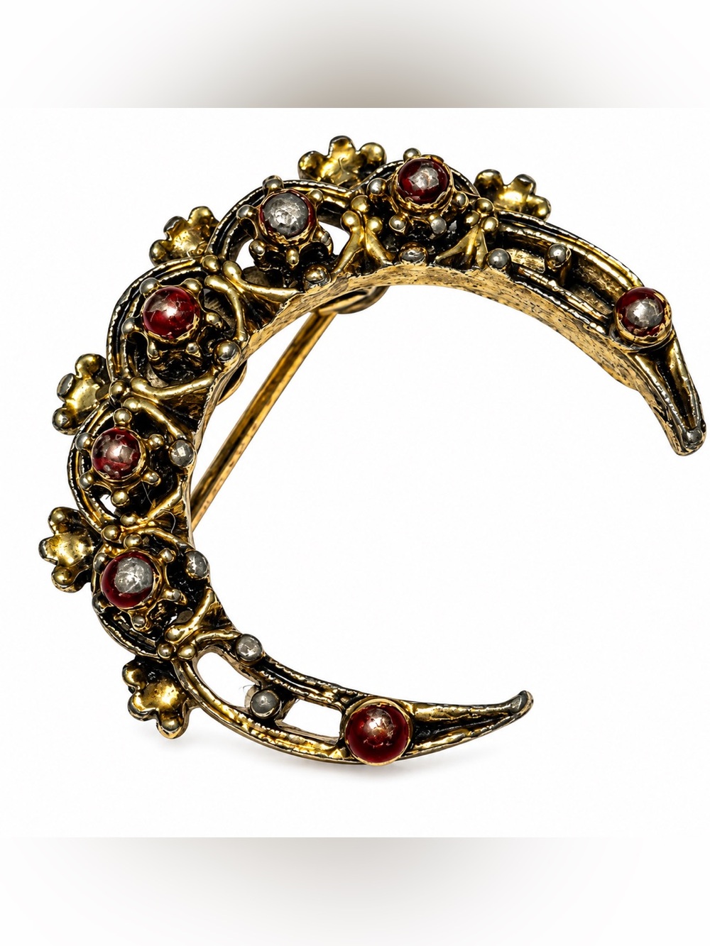 Vintage GERRY’S Crescent Moon Brooch Red Rhinestone Floral Gold Tone Signed